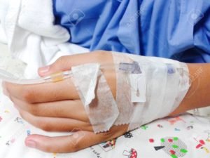 close up of hand with  IV solution in a patients in hospital wit